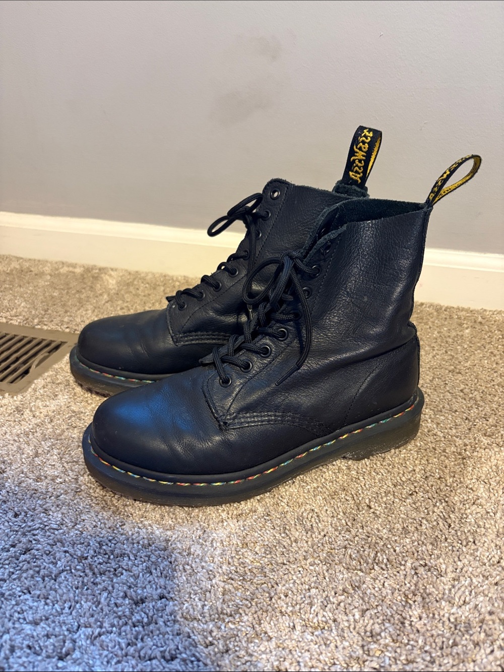 Dr. Martens Black Leather 8-Eye Boots with Multicolor Welt Stitching
